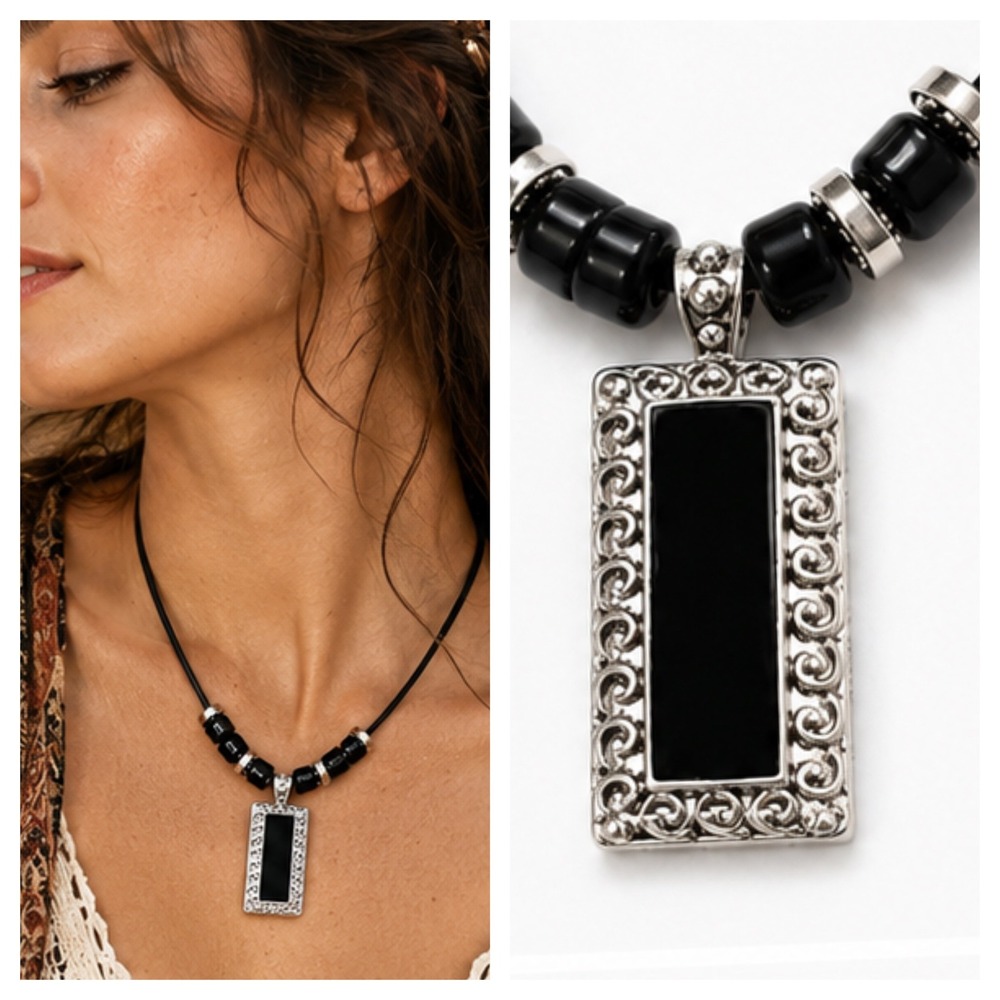 KC Filigree Pendant Beaded Cord Silver Tone Black Inlay Rectangular Necklace